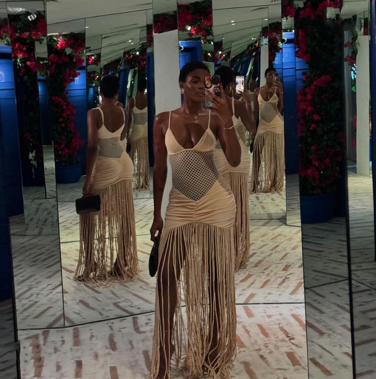 Mesh Pleated Hip Hugging Fringe Dress