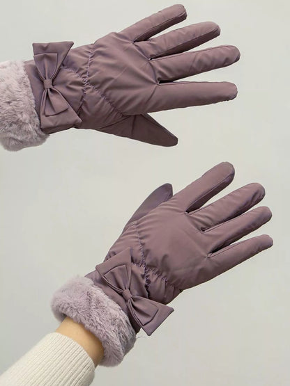 Bow-Decorated Plush Cuff Gloves