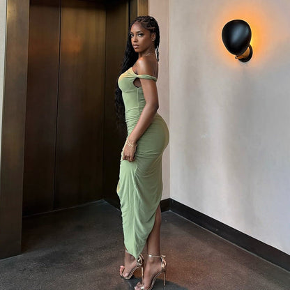 Backless Collar Pleated Slit Dress