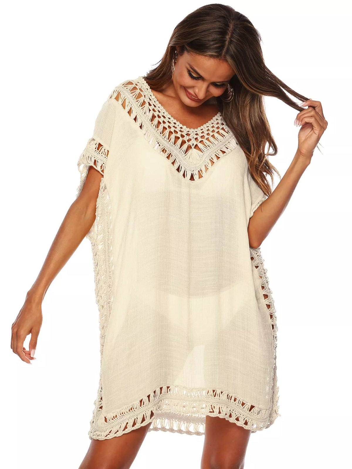 V-neck crochet cover-up dress in Apricot