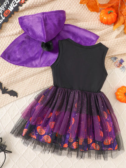Children's Halloween Hooded Cape and Printed Dress Witch Costume Set