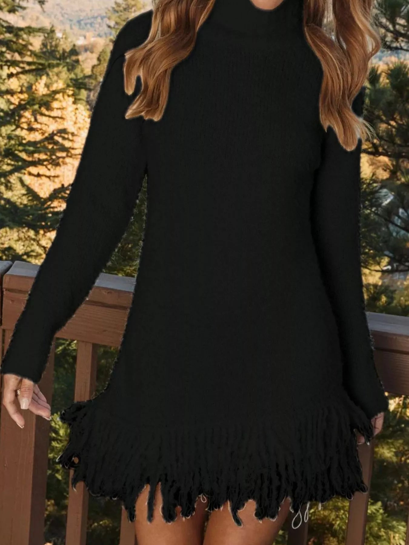 Fringe Turtleneck Sweater Dress