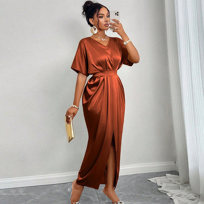 V-neck high waisted slit long dress