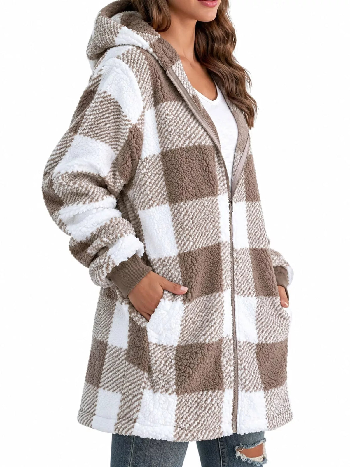 Plaid sherpa hooded zip-up jacket, view 4