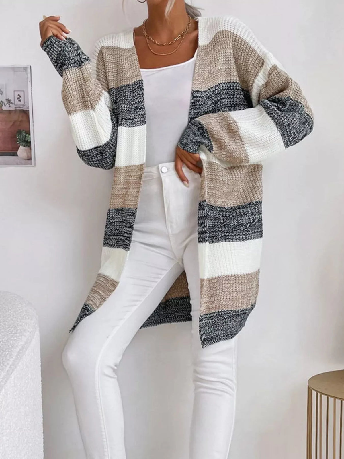 Color Block Striped Open Front Longline Cardigan