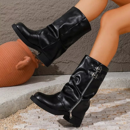 Mid-calf slouchy buckle boots, view 3