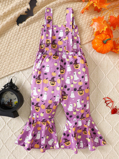 Children's Halloween Pumpkin Print Bell-Bottom Jumpsuit