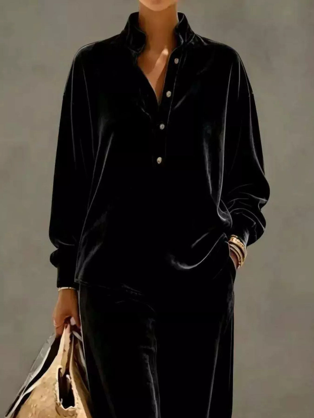 Plus Size Half Button Top & Wide Leg Pants Set