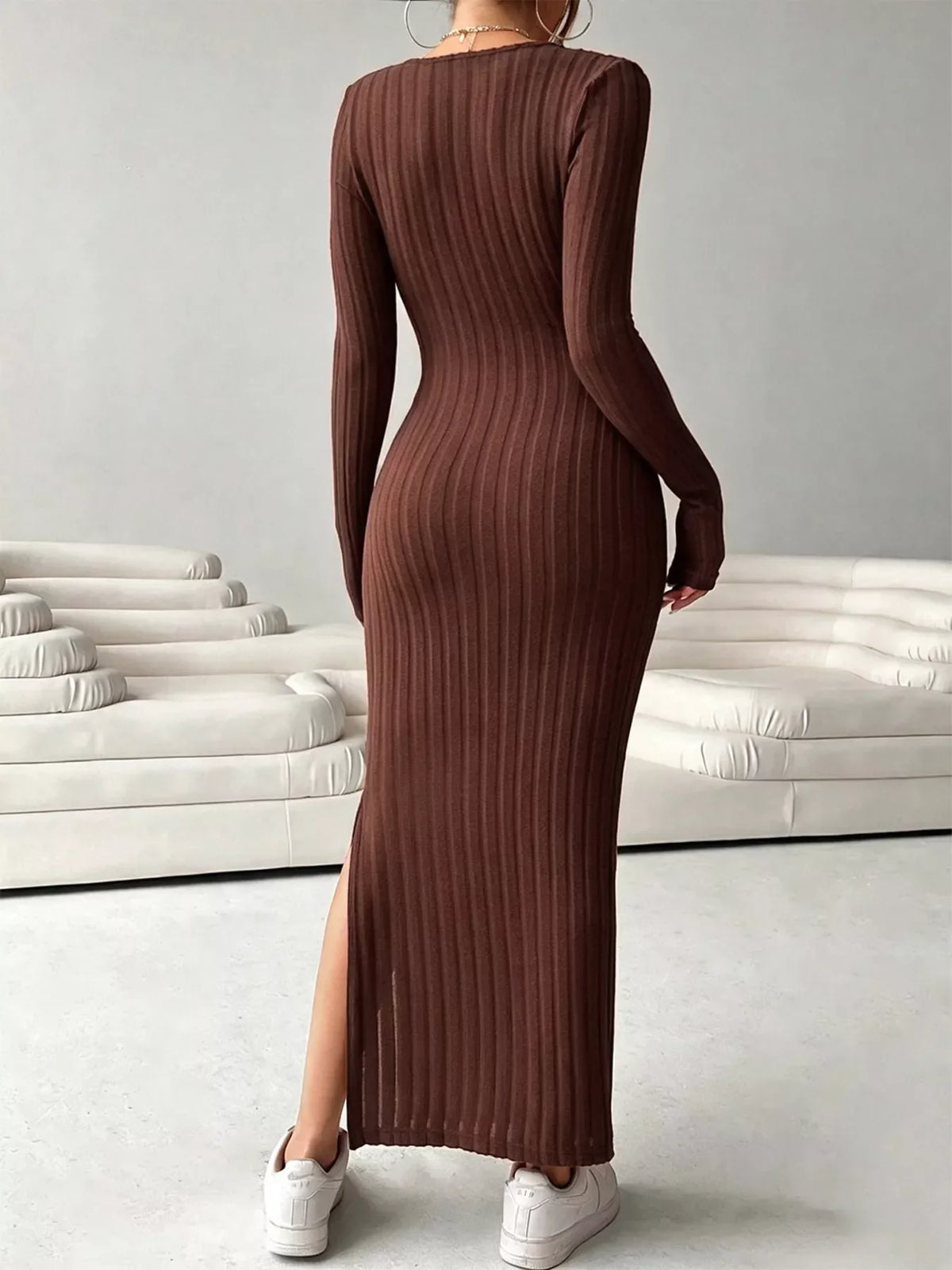 Slit Long Sleeve Ribbed Knit Maxi Dress