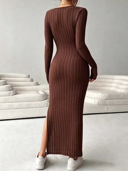 Slit Long Sleeve Ribbed Knit Maxi Dress