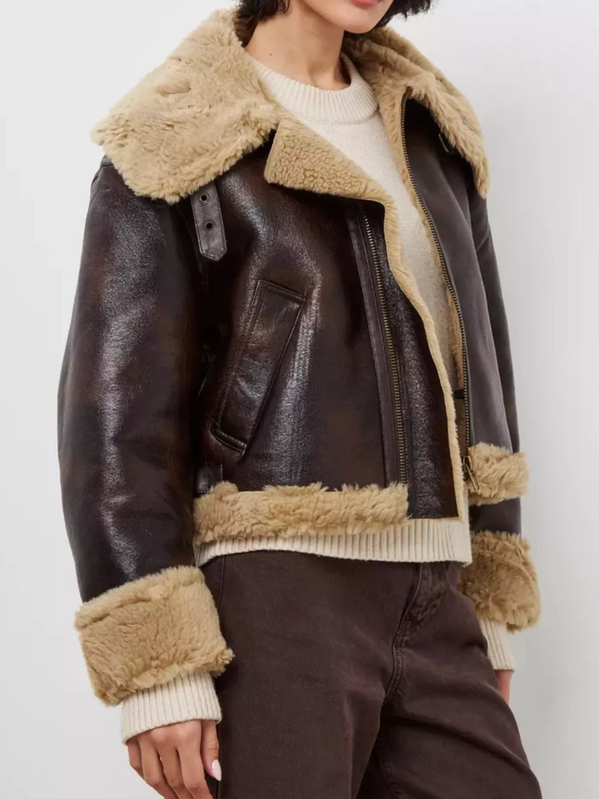 Plus size faux leather aviator jacket, view 4