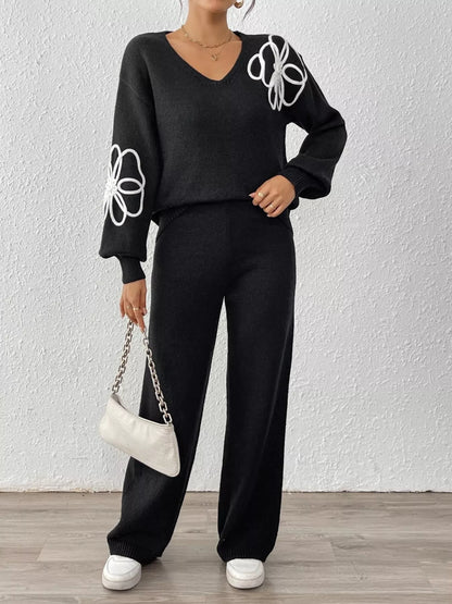 V-Neck Dropped Shoulder Top and Pants Sweater Set