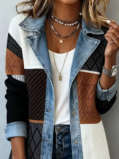 Full Size Denim Trim Ribbed Knit Jacket Plus Size