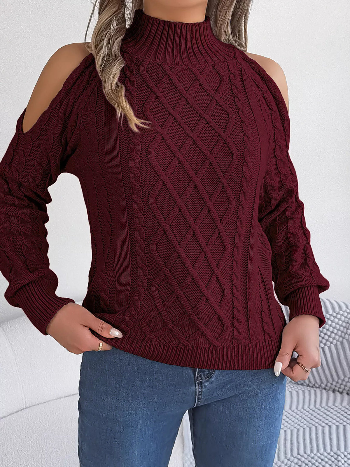 Cold-shoulder cable sweater, view 23