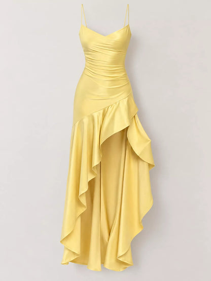 Backless High-Low Ruffle Hem Evening Dress with Side Slit
