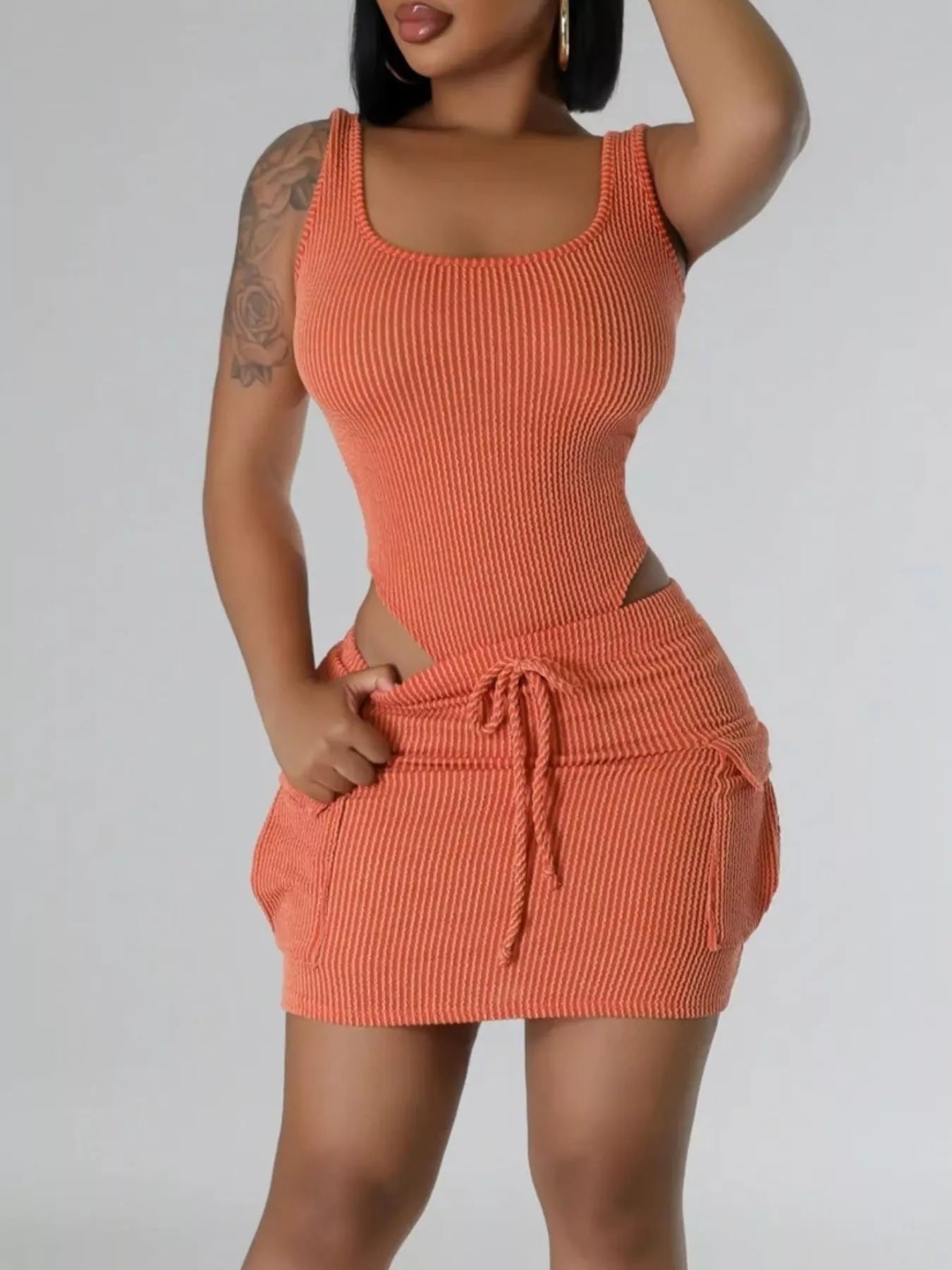 Ribbed Knit Bodysuit and Drawstring Skirt Set