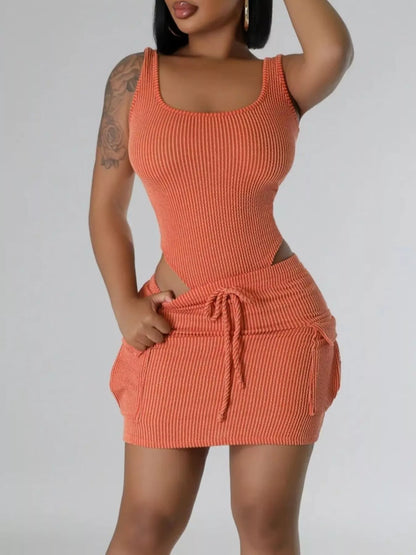 Ribbed Knit Bodysuit and Drawstring Skirt Set