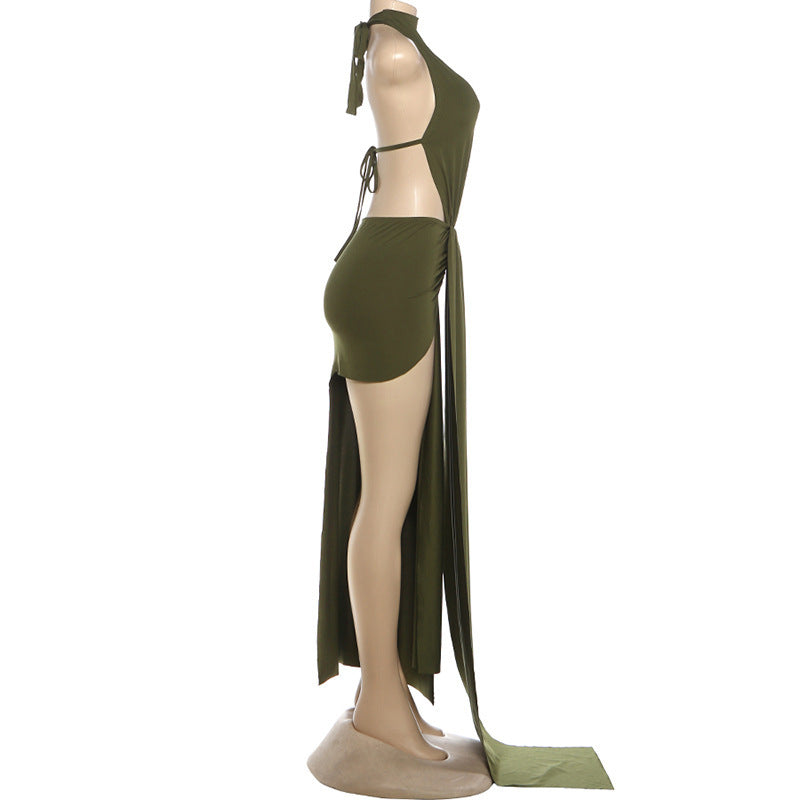 Hanging neck tie solid color exposed backpack hip dress