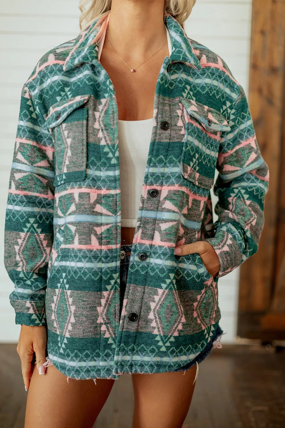 Geometric Print Button Front Long Sleeve Shacket