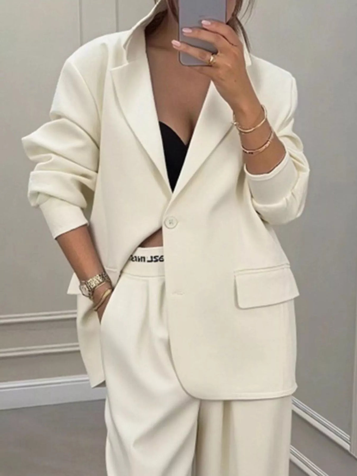 Full Size One Button Blazer & Wide Leg Pants Set Plus Size