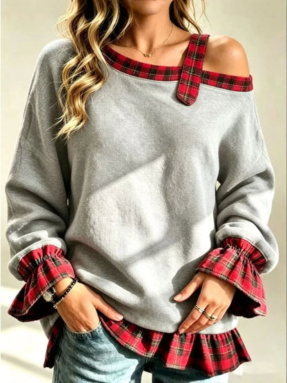 Plus Size Cold-Shoulder Plaid Patchwork Long Sleeve Top