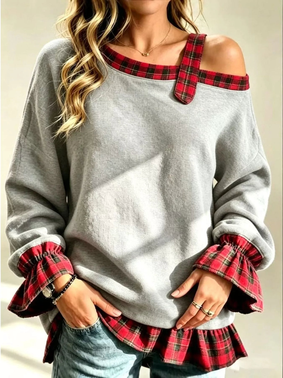 Plus Size Cold-Shoulder Plaid Patchwork Long Sleeve Top