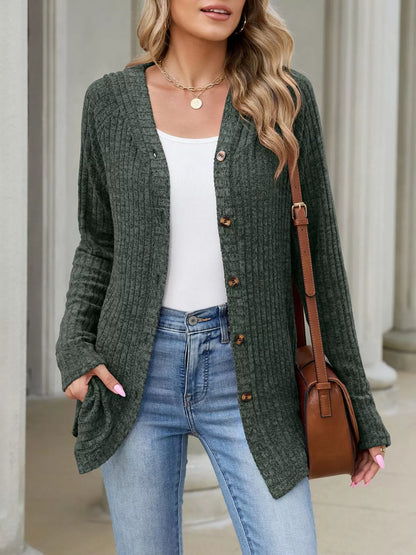 Ribbed Knit Hooded Button-Down Cardigan