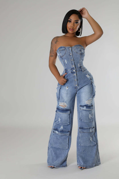 Denim Strapless Jumpsuit