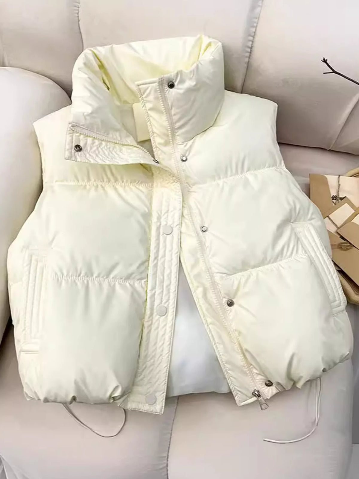 Snap-Front Drawstring Puffer Vest Coat in 3 Colors