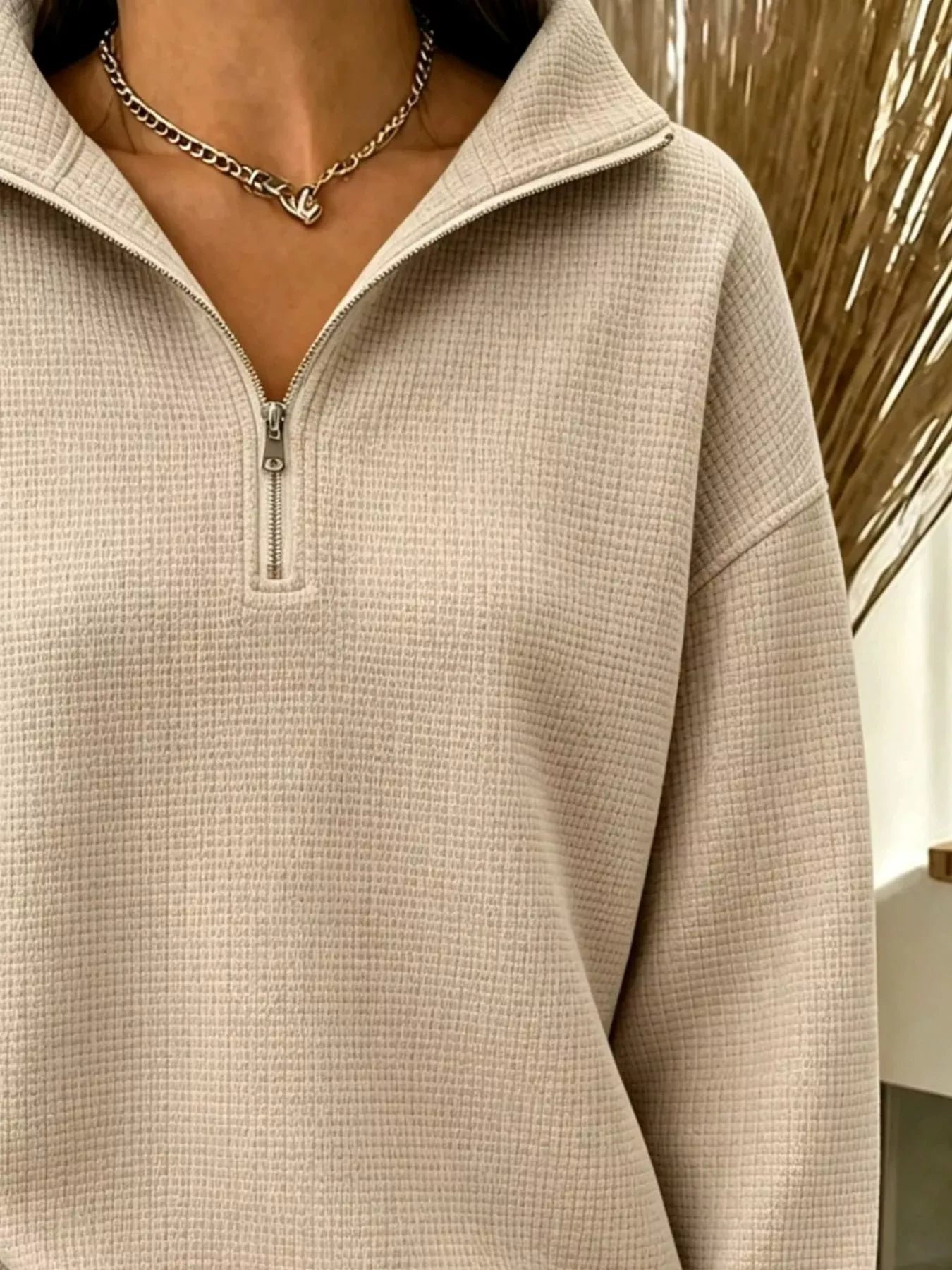 Full Size Waffle Knit Quarter-Zip Sweatshirt Plus Size