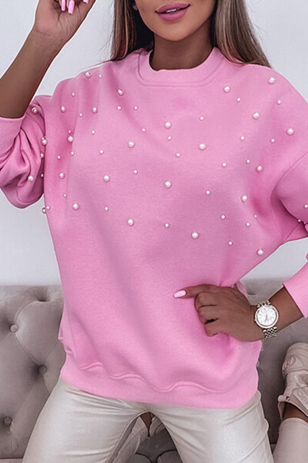 Pearl Detail Ribbed Sweatshirt