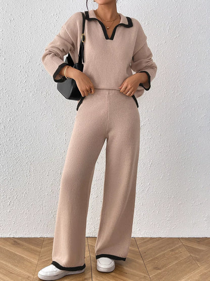 Contrast Trim Polo Collar Top and Pants Sweater Set