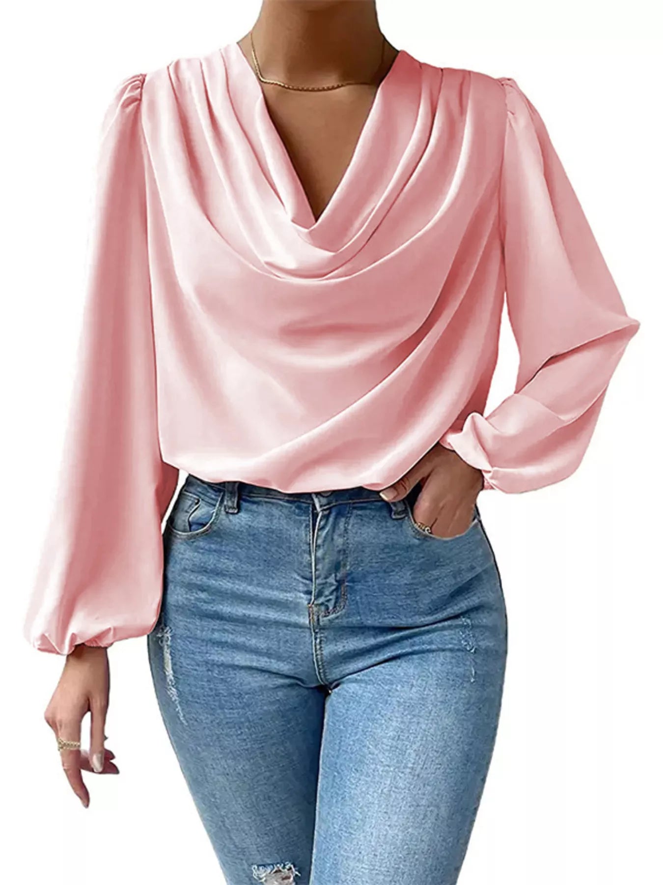 Full Size Cowl Neck Balloon Sleeve Blouse