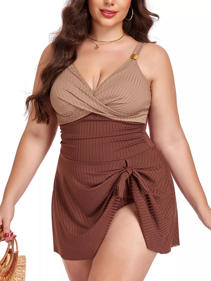 Plus Size Ruched Swim Dress with Removable Pads, L to 5XL