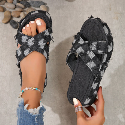 Checkered Open Toe Platform Sandals