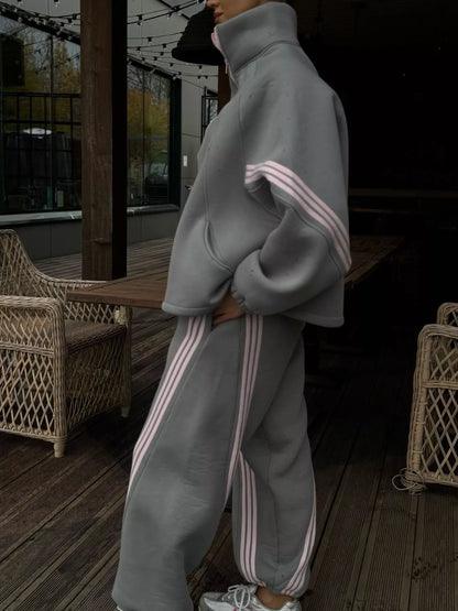 Contrast Striped Zip Up Top and Pants Set