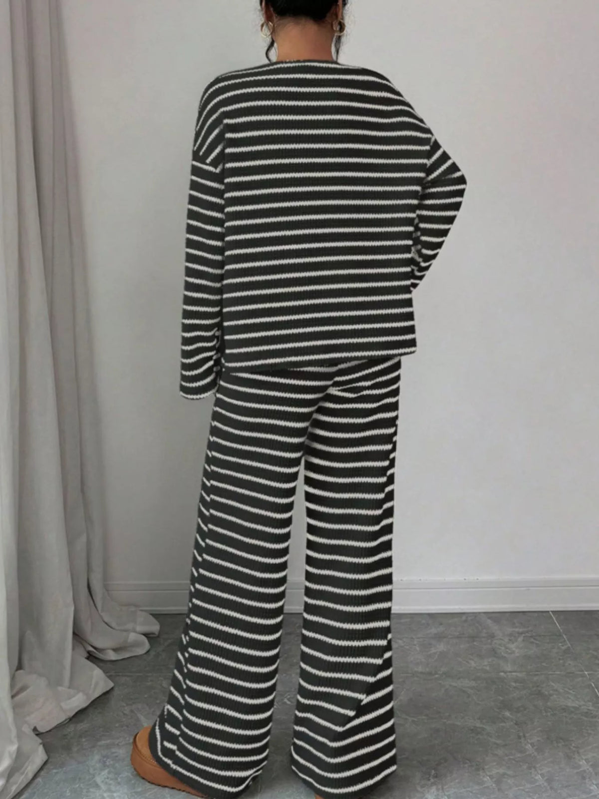 Striped waffle-knit top and pants set, view 9