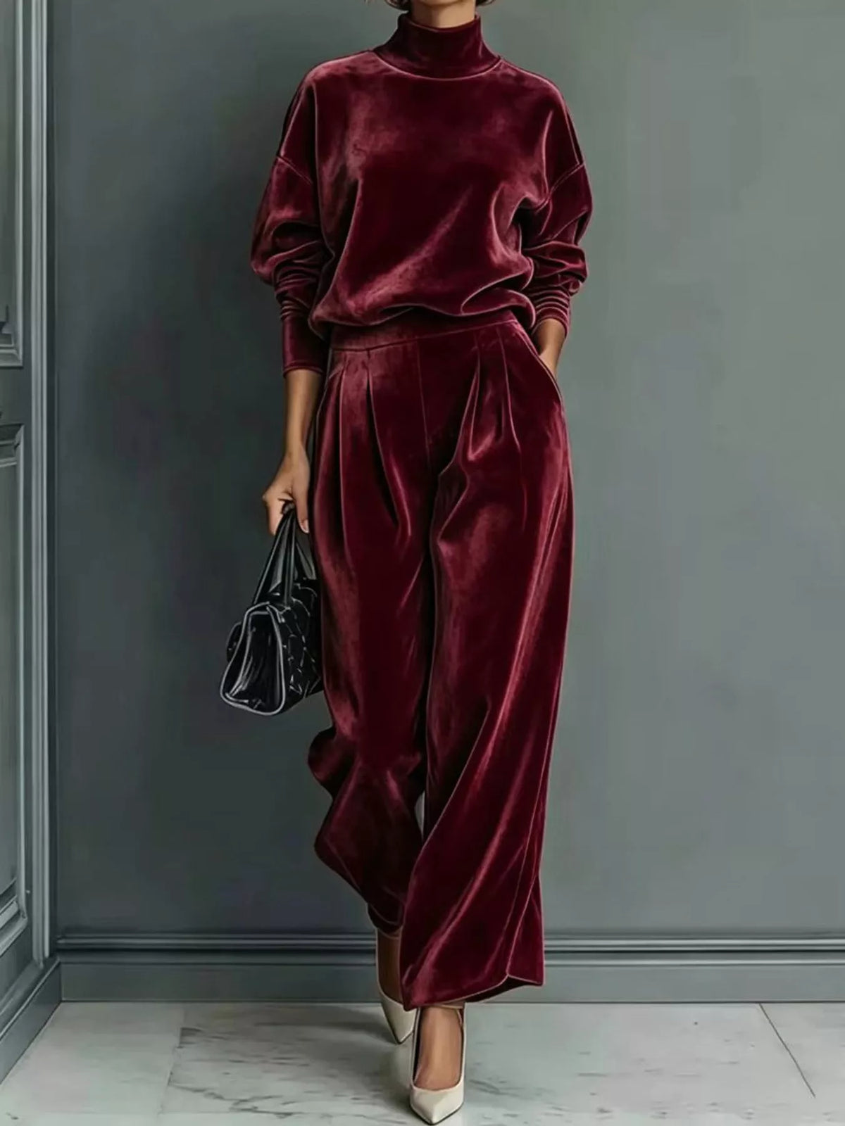 Plus Size Velvet Mock Neck Top & Pants Set with Pockets