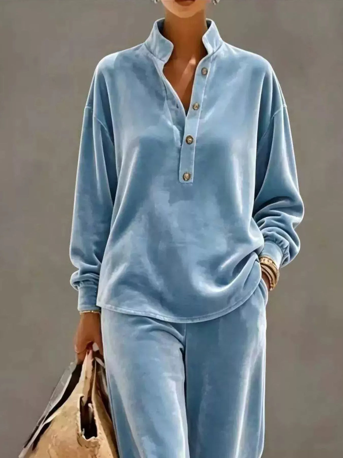 Plus Size Half Button Top & Wide Leg Pants Set