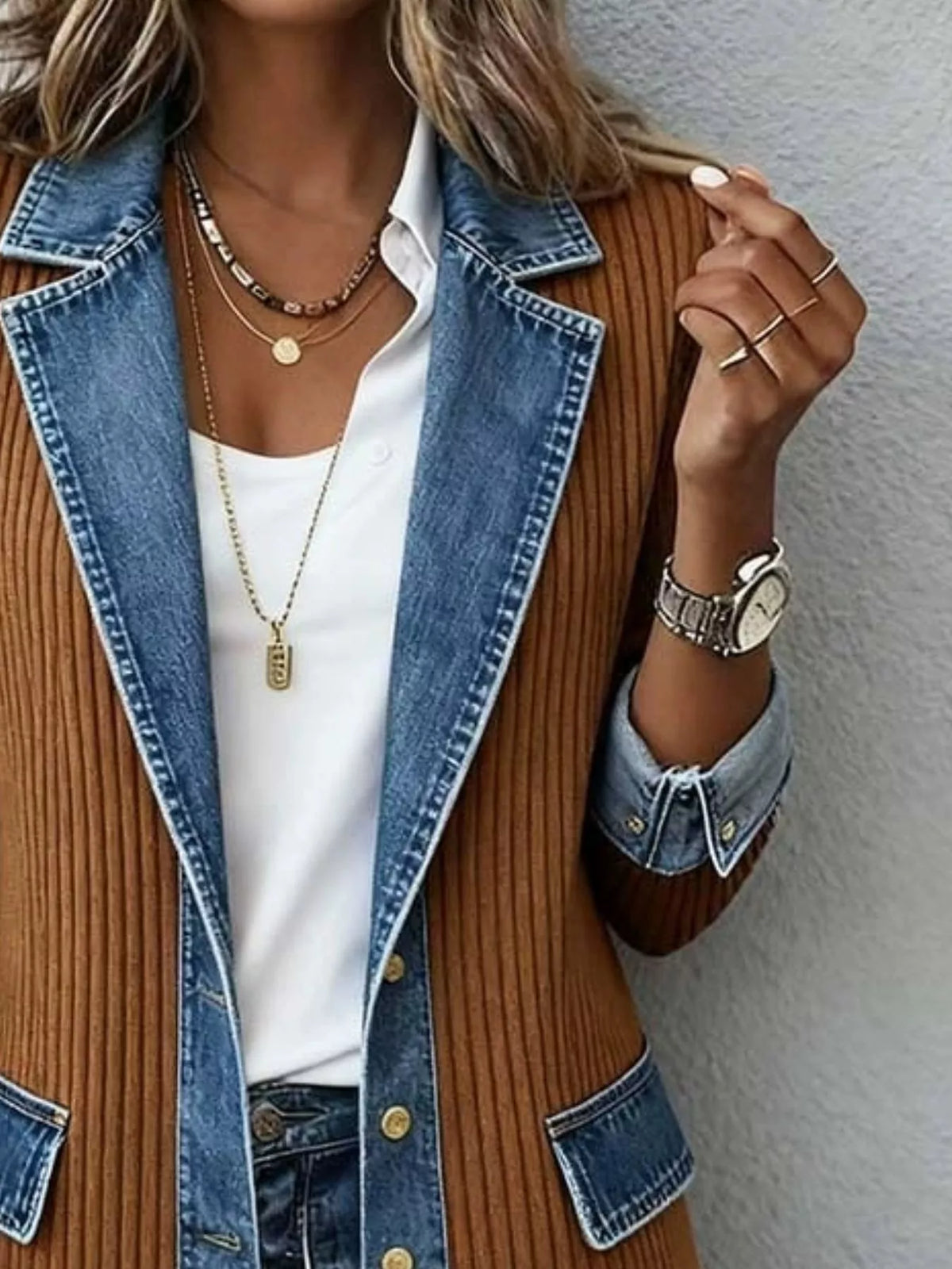 Full Size Denim Trim Ribbed Knit Jacket Plus Size