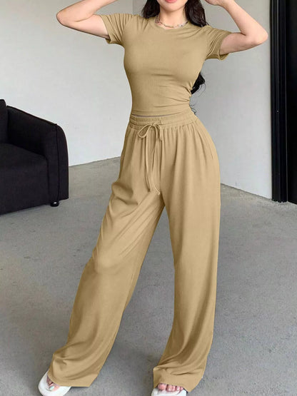 Solid Color Short Sleeve Crop Top and Wide Leg Pants Set
