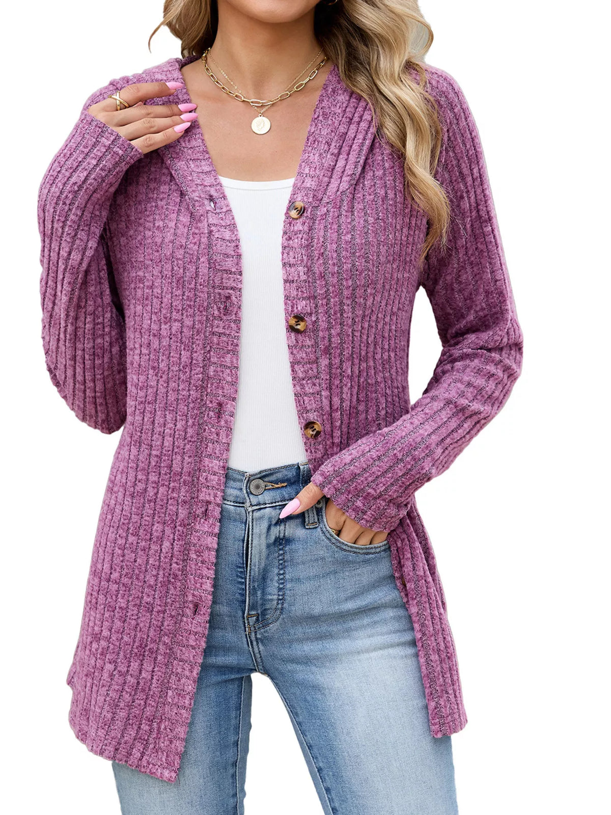 Ribbed Knit Hooded Button-Down Cardigan