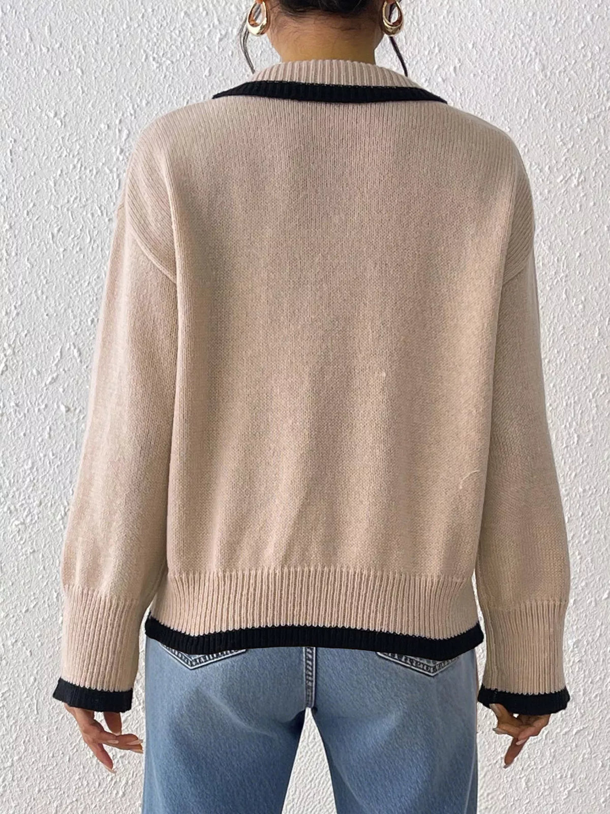 Contrast Trim Polo Collar Sweater