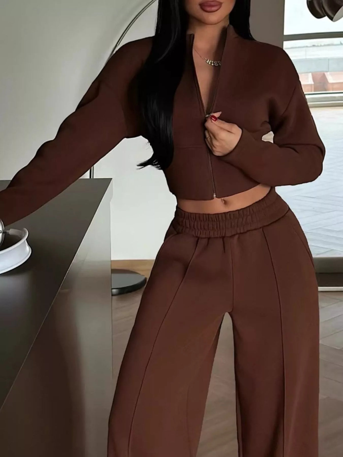 Zip-Up Crop Jacket and Wide-Leg Pants Set