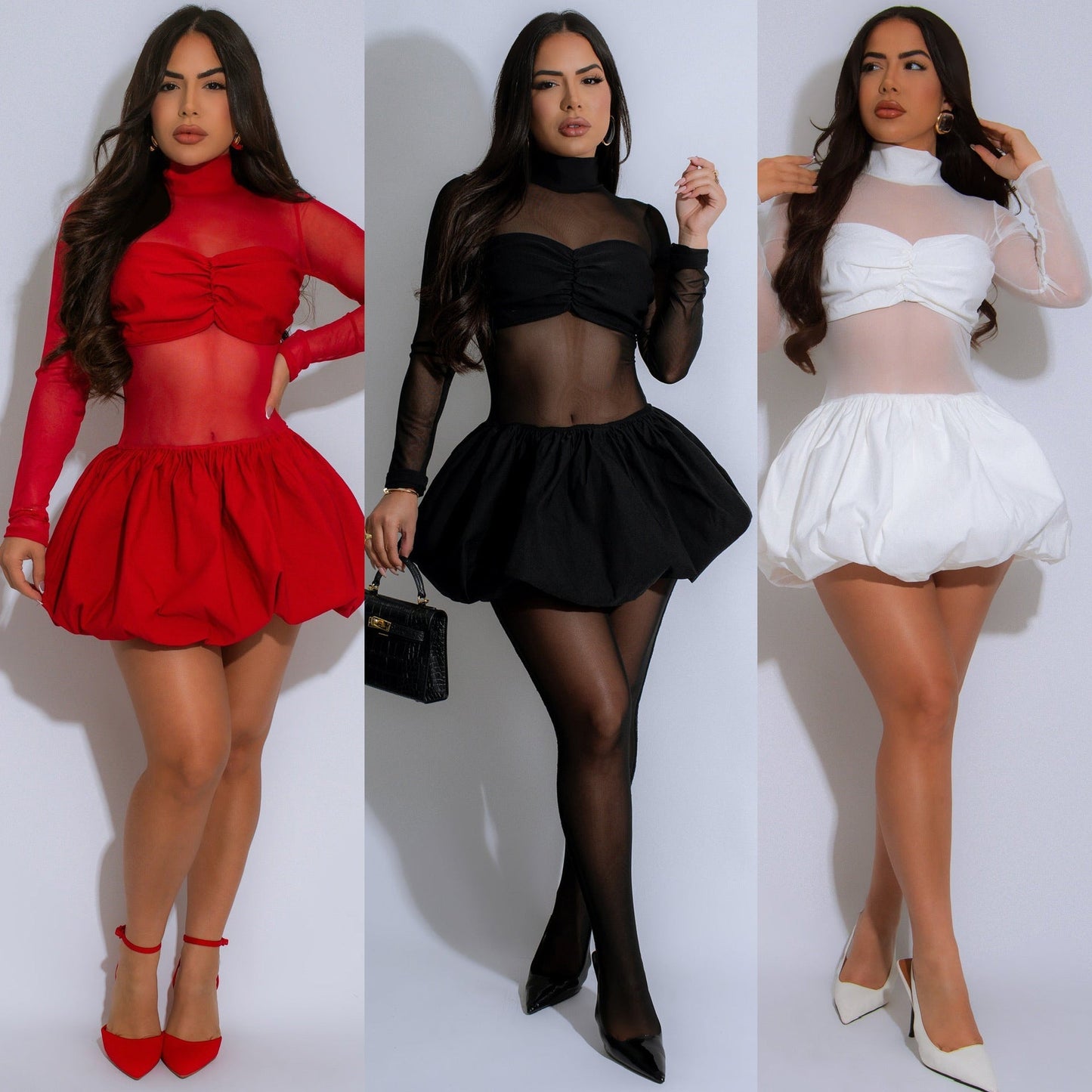 Bubble skirt long sleeved mesh dress