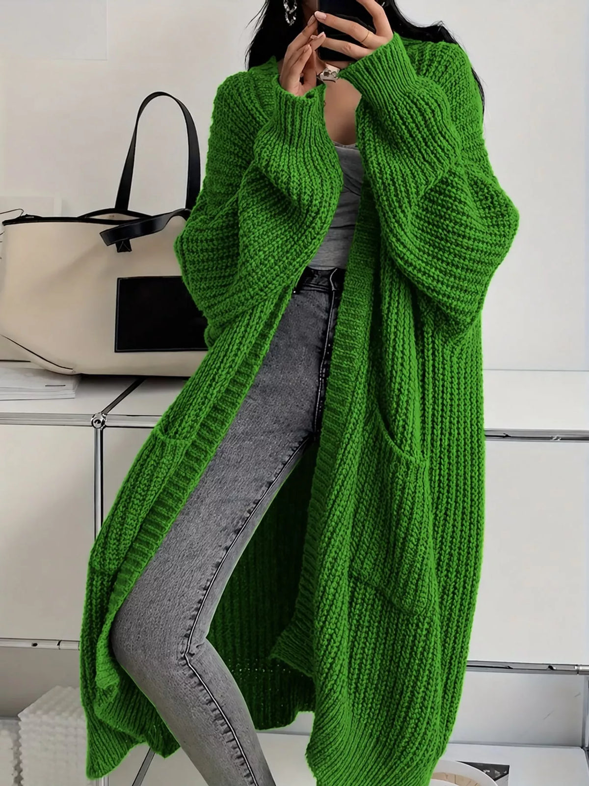 Women's chunky knit openwork cardigan with pockets, S to 5XL