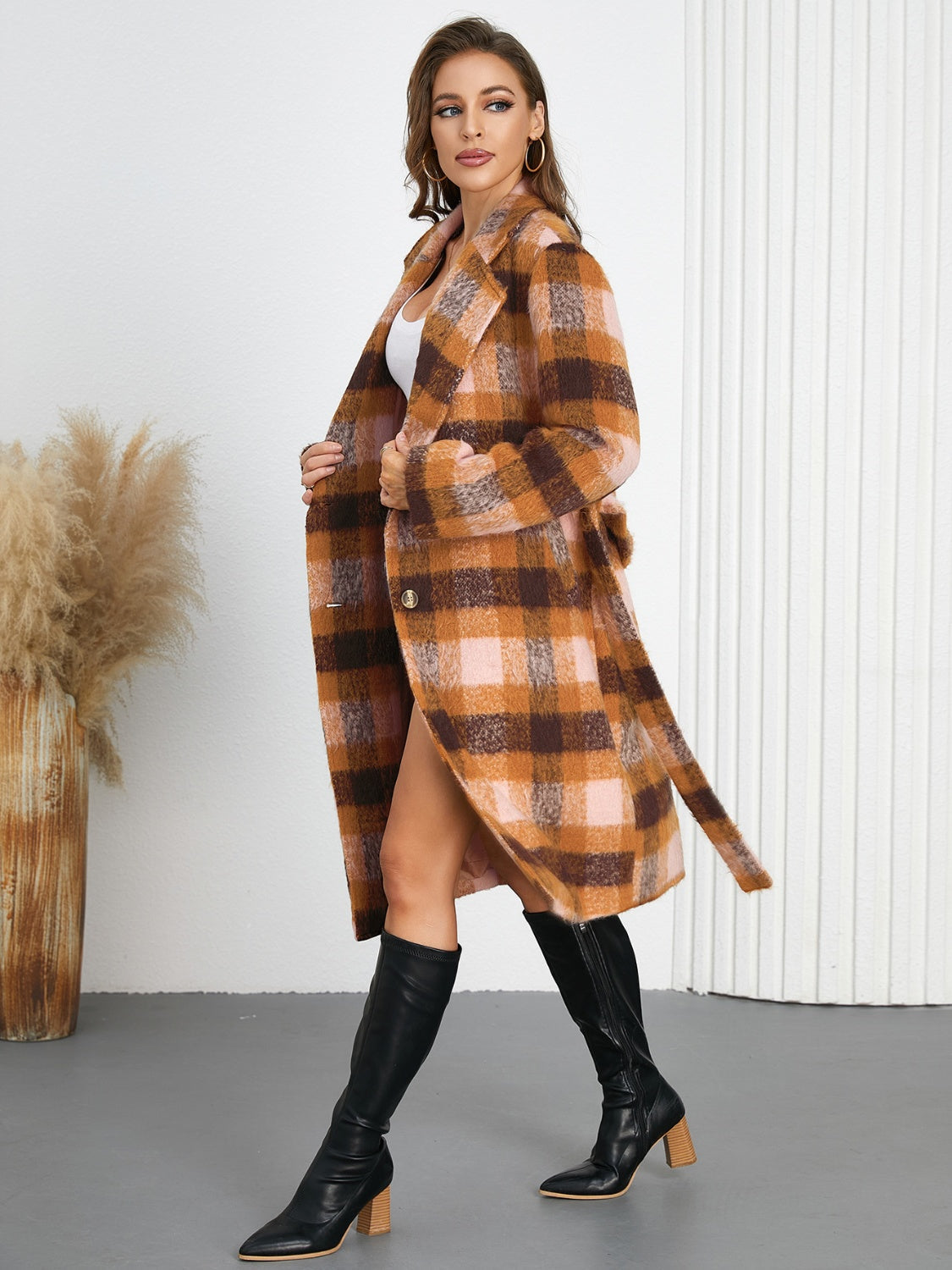Tied Plaid Collared Coat