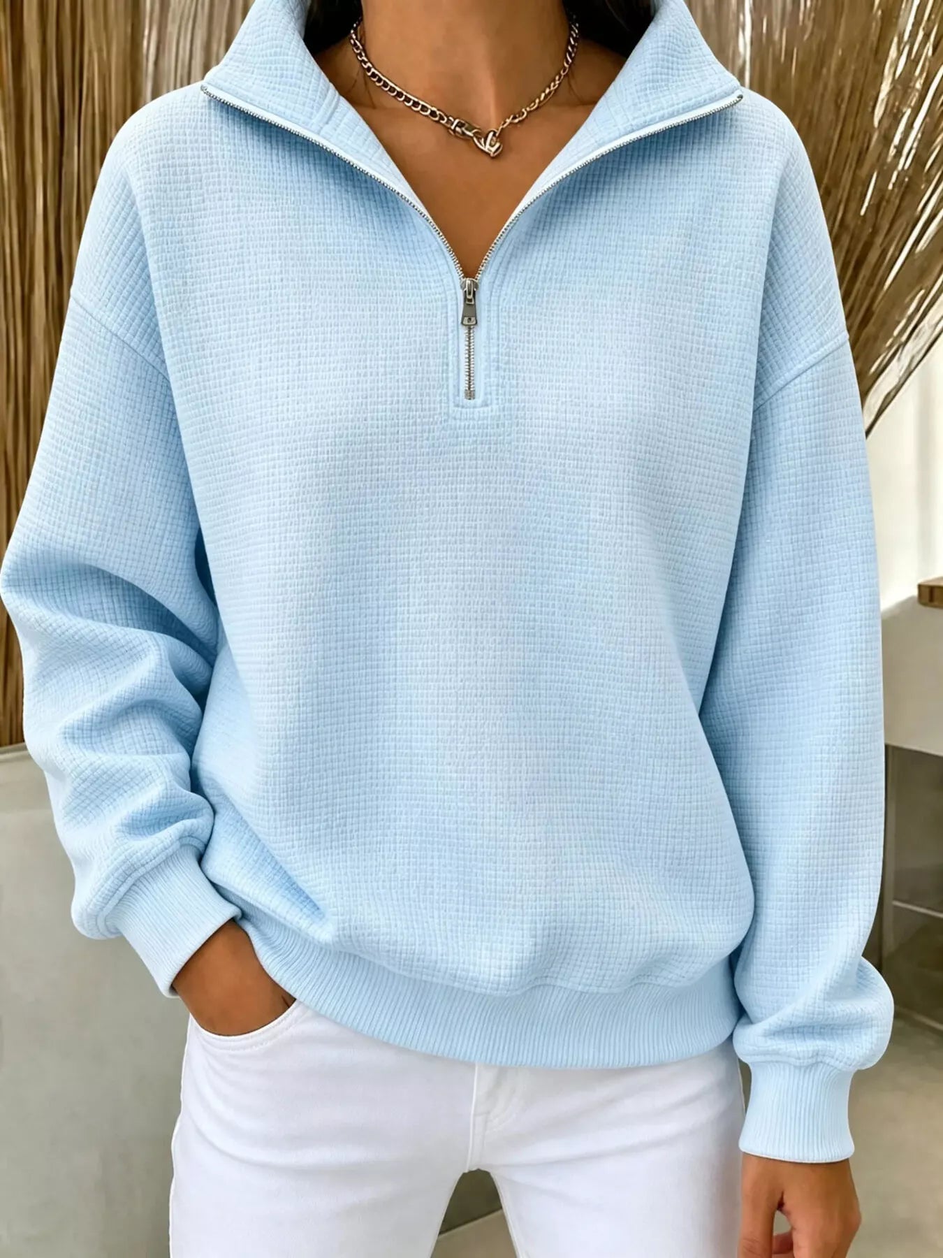Full Size Waffle Knit Quarter-Zip Sweatshirt Plus Size