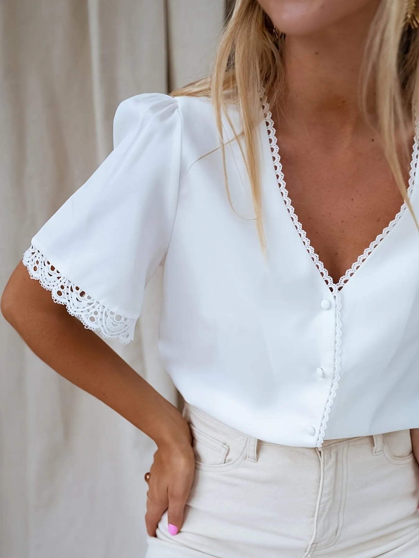 Lace Trim V-Neck Button-Up Blouse