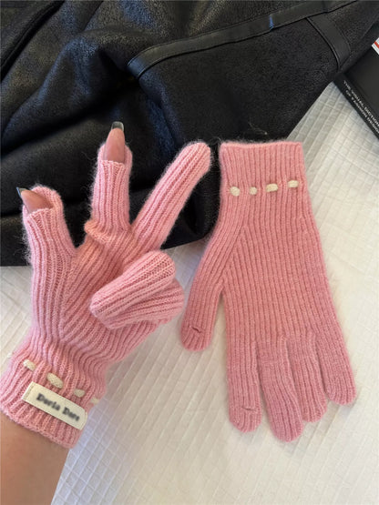 Knitted Gloves with Bow Accent